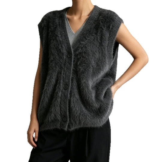Damen Flauschige ärmellose Knopf‑Weste aus Mohairmix mit tiefem V-Ausschnitt EB