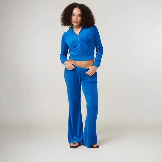 Damen Samtvelours Cropped-Zipjacke mit Kängurutasche und hochgeschnittener Bündchenhose Eichborn Berlin