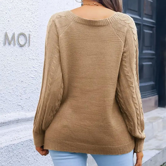 Damen eleganter Pullover mit Zopfmuster und dekorativen Knopfdetails EB