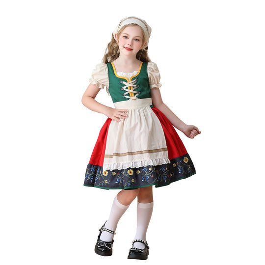 Damen nan traditionelles Kinderdirndl Kleid mit dekorativer Schnürung Schürze und Spitzenkopftuch EB