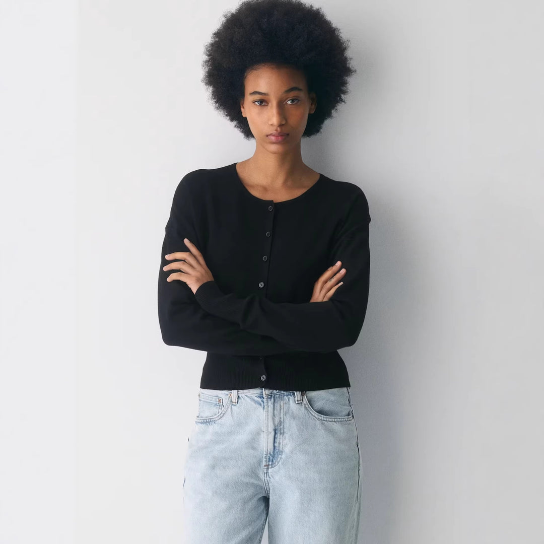 Damen Cropped Strickjacke mit Knopfleiste und Rippstrick EB