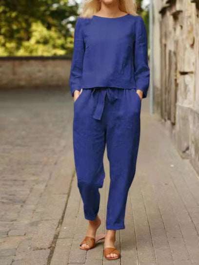 Damen Lässiges Leinen-Loungewear-Set mit Rundhalsausschnitt, Bindegürtel und knöchellanger Hose EB