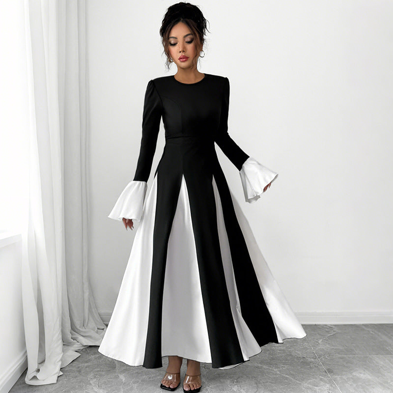 Damen Abendkleid mit tailliertem Corsagen-Oberteil, langen Ärmeln und kontrastierenden Volantmanschetten EB