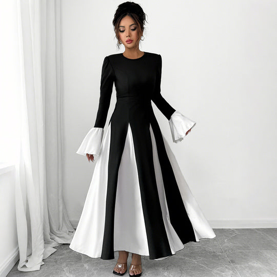 Damen Abendkleid mit tailliertem Corsagen-Oberteil, langen Ärmeln und kontrastierenden Volantmanschetten EB
