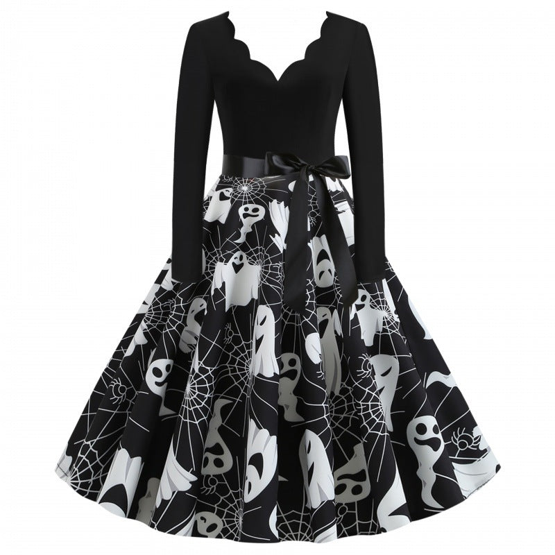 Damen Swingkleid mit wellenförmigem Ausschnitt, langärmligem Oberteil und Geister-Print mit Taillenschleife EB