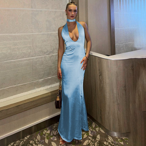 Damen Elegantes Maxikleid mit tiefem V-Ausschnitt und geschmeidigem Stoff EB