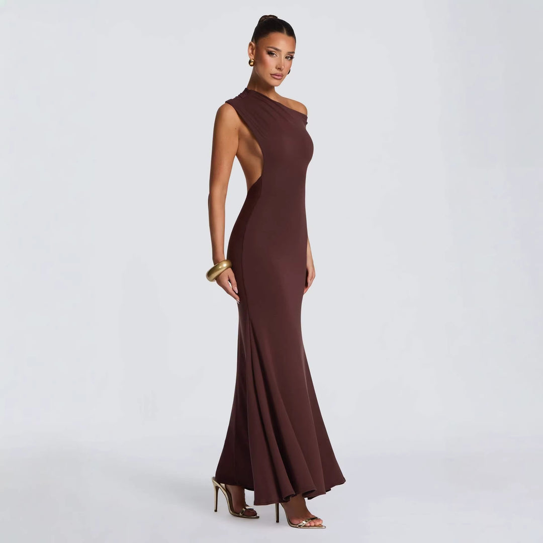 Damen Elegantes asymmetrisches Maxikleid mit schulterfreiem Design EB