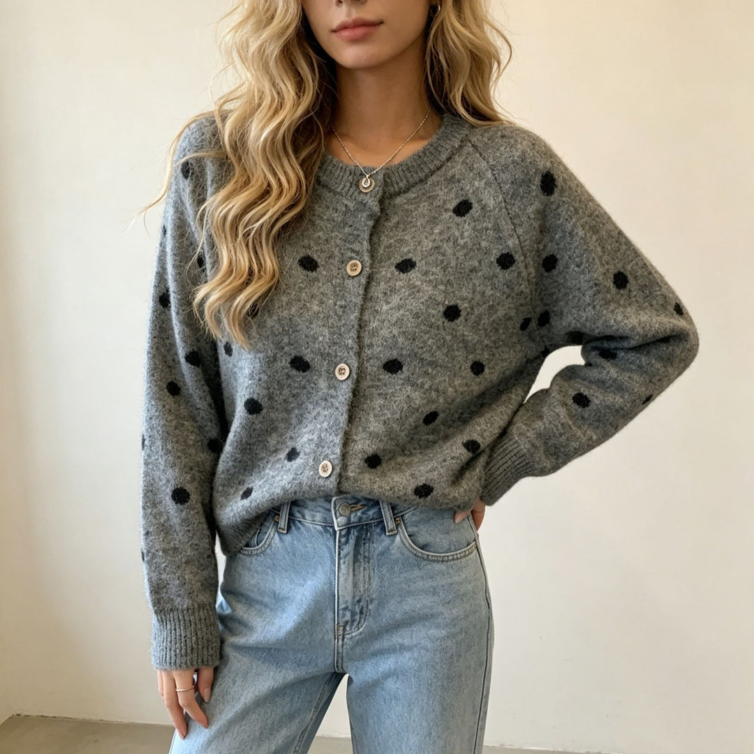 Damen Gepunkteter Mohair‑Optik Button‑Cardigan mit Rundhalsausschnitt EB