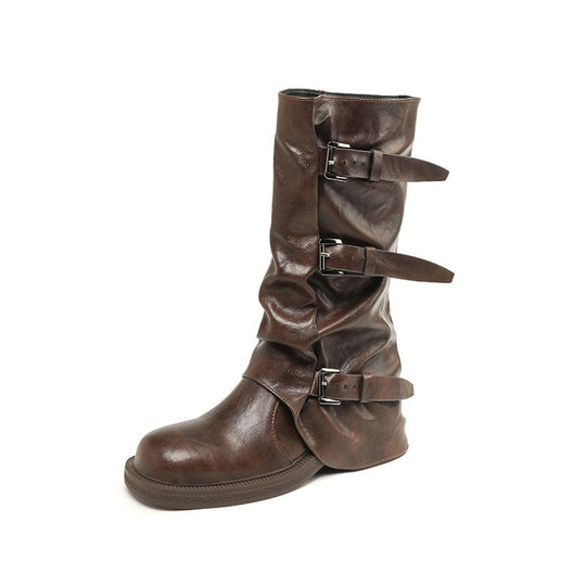Damen Bikerstiefel mit mehrfachen Zierschnallen, gerafftem Schaft und robuster Profilsohle EB