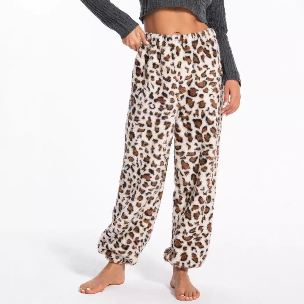 Damen kuschelige Fleece-Hose mit Leopardenmuster EB