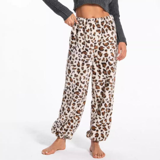Damen kuschelige Fleece-Hose mit Leopardenmuster EB