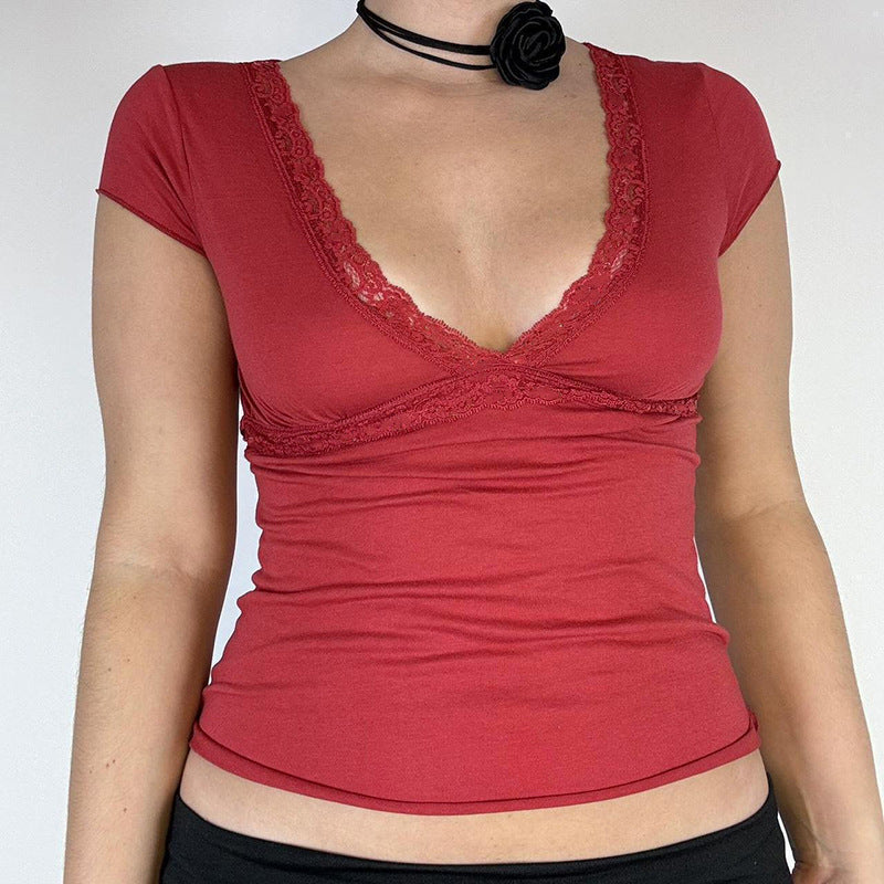 Damen Elegantes Oberteil mit Spitzen- und Drapierungselementen EB