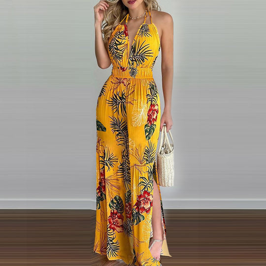 Damen eleganter Jumpsuit mit Spaghettiträgern und hohen Seitenschlitzen EB