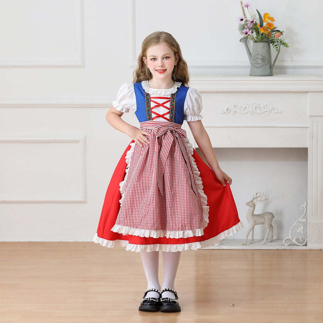 Damen nan traditionelles Kinder-Dirndl Kleid mit geraffter Schürze und Spitzenbesatz EB