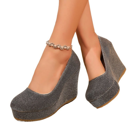 Damen Glamouröse Wedge-Pumps mit funkelnder Oberfläche EB