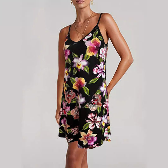 Damen Spaghettiträger Kleid mit elegantem floralem Design EB