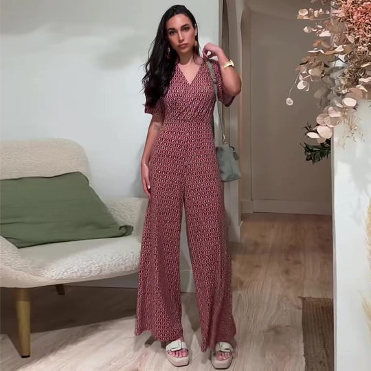 Damen Jumpsuit mit elastischem Bund und tiefem V-Ausschnitt EB