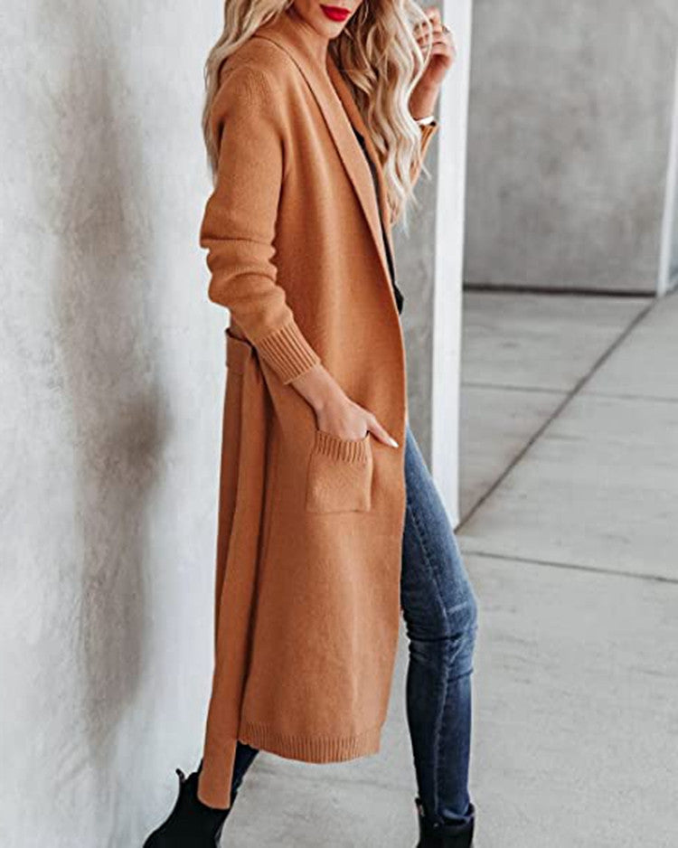 Damen Strickmantel mit praktischen Taschen und Gürtel EB