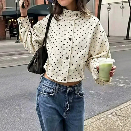 Damen Gepunktete Cropped-Jacke mit Stehkragen, Ballonärmeln und Druckknöpfen EB
