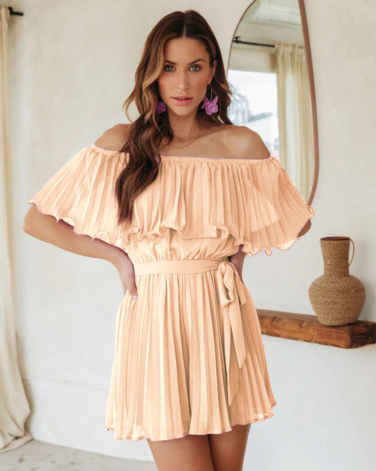 Damen Plissiertes Minikleid mit schulterfreien Puffärmeln und Taillengürtel EB
