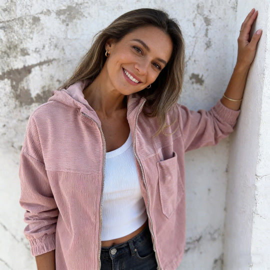 Damen nan Feincord-Übergangsjacke mit Kapuze, Reißverschluss, elastischen Bündchen und seitlichen Eingrifftaschen EB