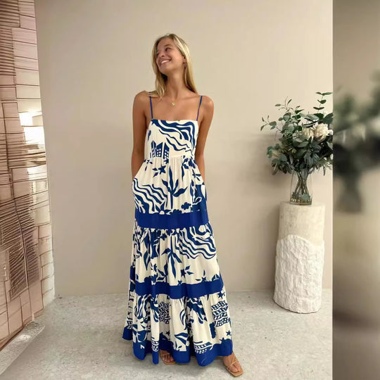 Damen Maxikleid mit elastischem Taillenbund und bohemian Muster EB
