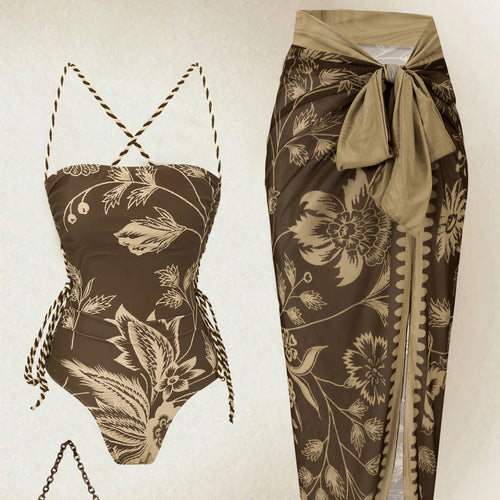 Damen Eleganter Floral Badeanzug mit passendem Wickelrock EB