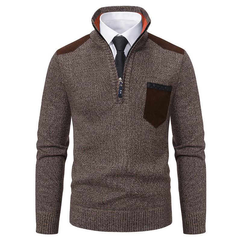 Herren nan Feinstrick-Halbzip-Pullover mit Stehkragen, Brusttasche und Schulterbesatz EB