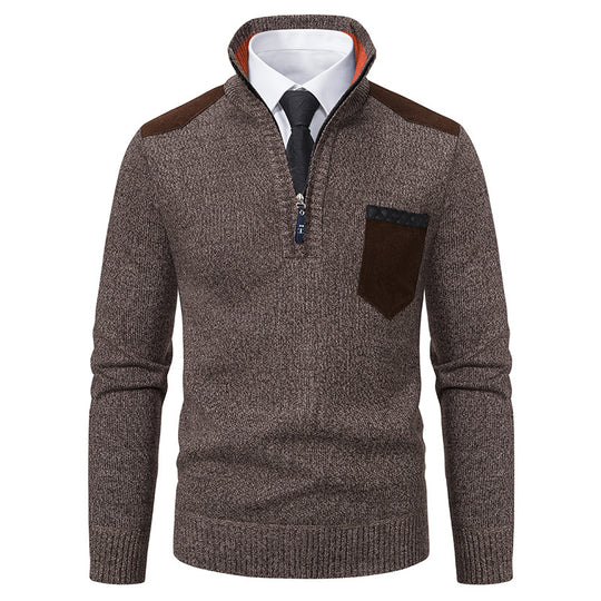 Herren nan Feinstrick-Halbzip-Pullover mit Stehkragen, Brusttasche und Schulterbesatz EB