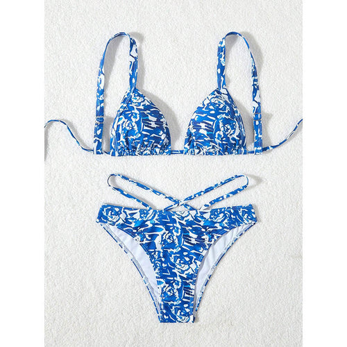 Damen Triangel-Bikini mit kreativem floralem Druck und verstellbaren Schnürdetails EB
