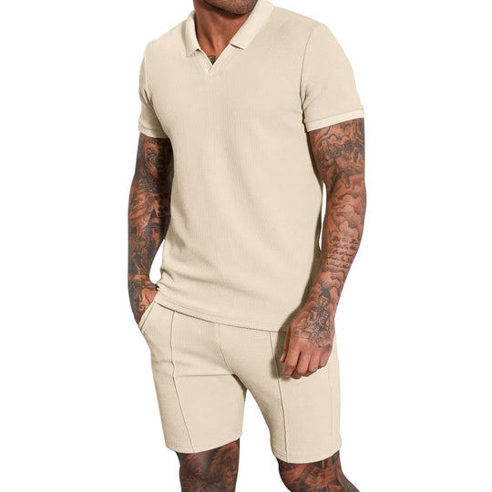 Herren nan kurzärmeliges Halbkragen-Strickset mit feiner Waffelstruktur und gerade geschnittenen Shorts EB