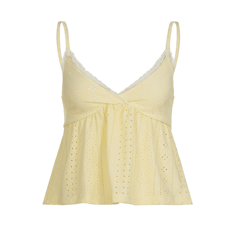 Damen Spaghetti-Trägertop mit feinem Spitzendetail und luftiger Baumwollstruktur EB