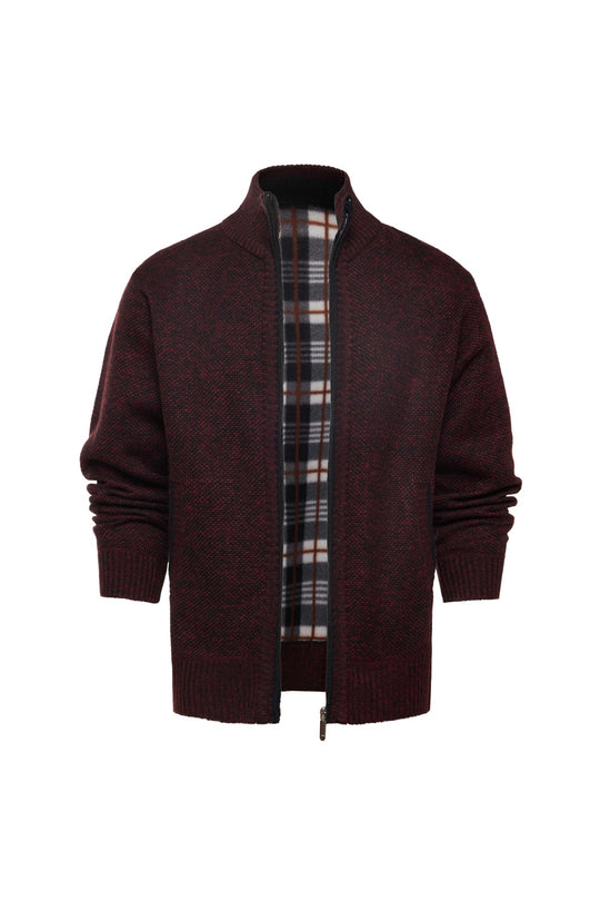 Herren gebürstete Strickjacke mit kariertem Thermofutter und Stehkragen EB