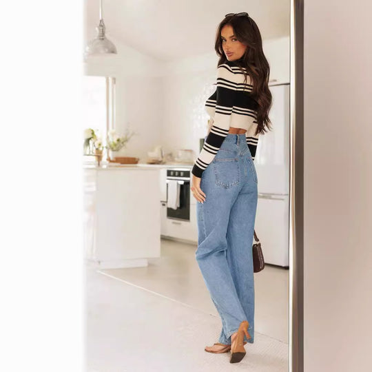 Damen Weit Geschnittene Jeanshose mit hohem Bund und lässigem Schnitt EB