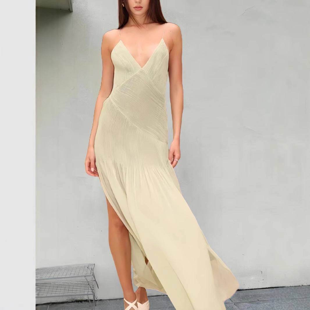 Damen Fließendes Maxikleid mit elegantem V-Ausschnitt und schwingendem Saum EB