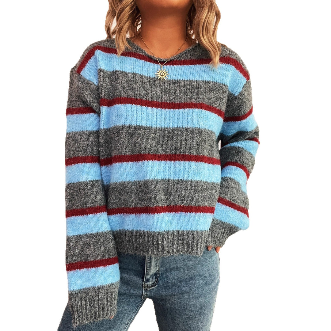 Damen gemusterter Strickpullover mit breiten Streifen und lässigem Schnitt EB