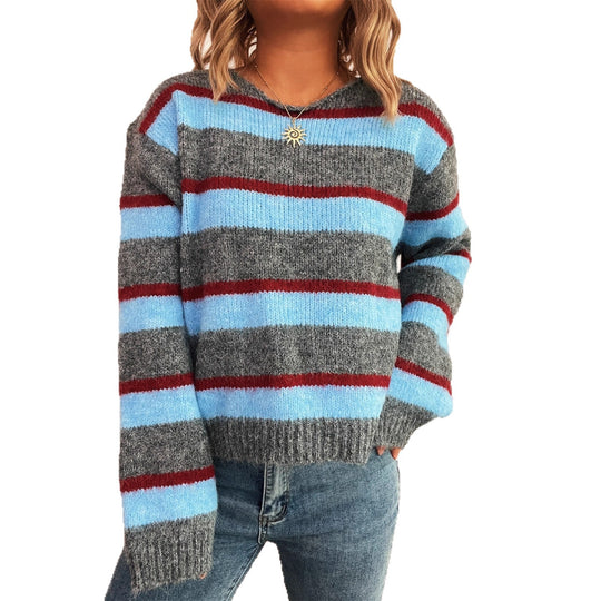 Damen gemusterter Strickpullover mit breiten Streifen und lässigem Schnitt EB