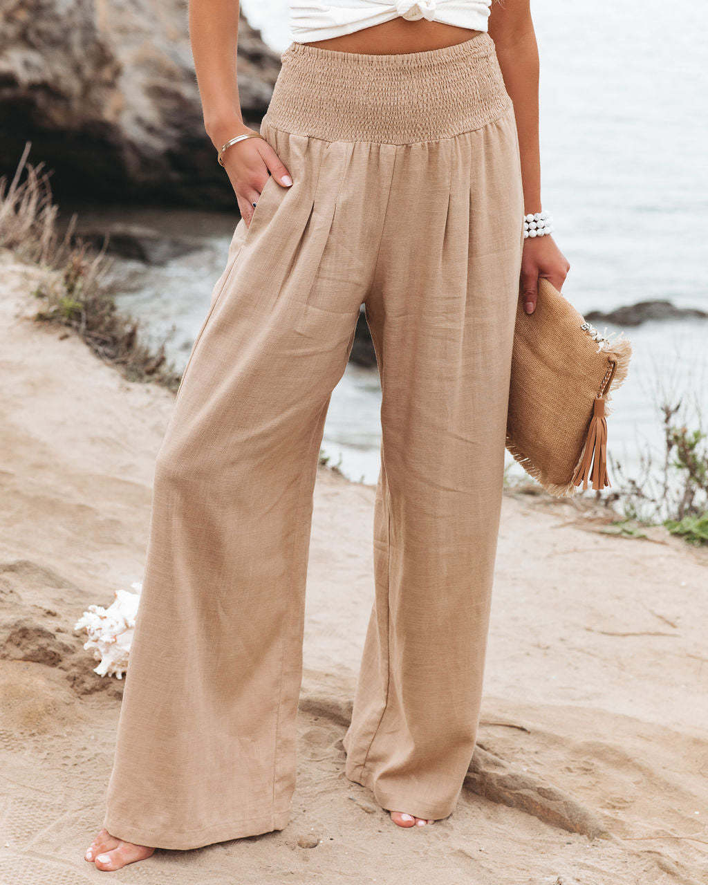 Damen Weit geschnittene Sommerhose mit elastischem Bund und Zusammenzieh-Details EB