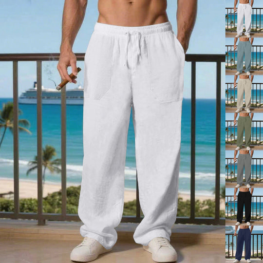 Herren nan oversized Relax-Cargohose aus Leinen-Baumwollmix mit elastischem Tunnelzugbund und großen aufgesetzten Taschen EB