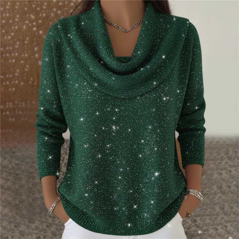 Damen nan schimmernder Strickpullover mit Wasserfallkragen, feiner Glitzerstruktur und schmalem Saum EB