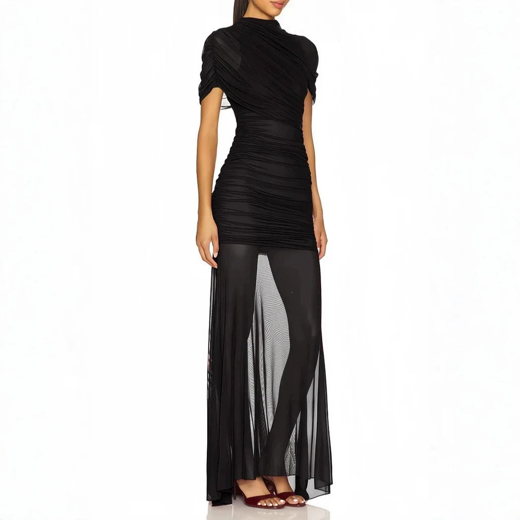 Damen Elegantes Cocktailkleid mit gerafftem Design und transparenter Schicht EB