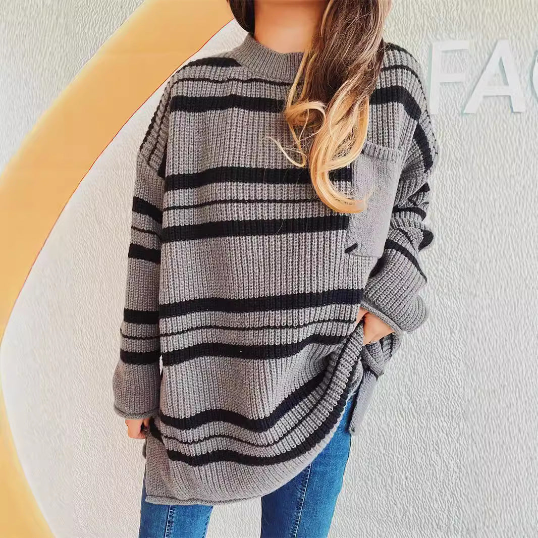 Damen lässiger Strickpullover mit modernem Streifenmuster EB