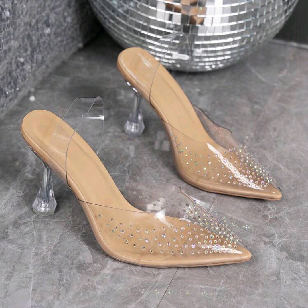 Damen Glamouröse High Heel Pantoletten mit funkelndem Strass EB