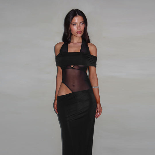 Damen schulterfreies, elegantes Maxikleid mit transparenten Einsätzen und Rüschendetails EB