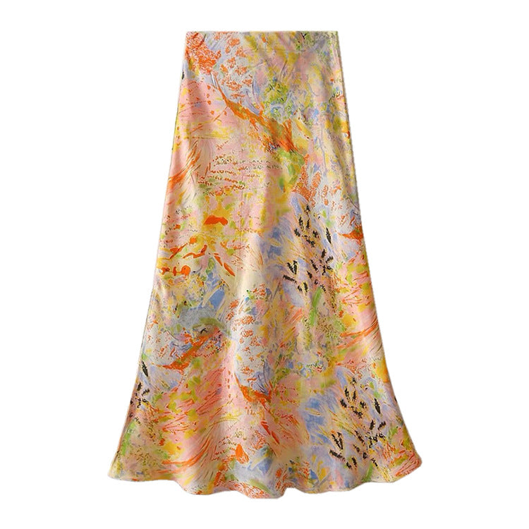 Damen  fließender Midirock mit floralem Print und A-Linie aus satinähnlichem Stoff EB
