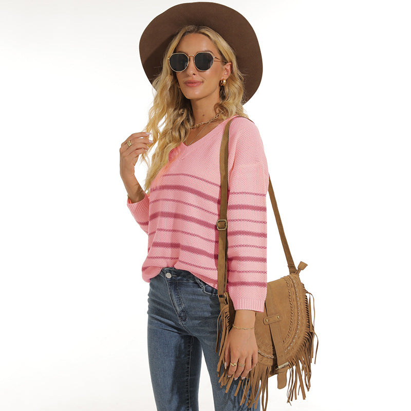 Damen lässiger Pullover mit modernem Streifenmuster und V-Ausschnitt EB