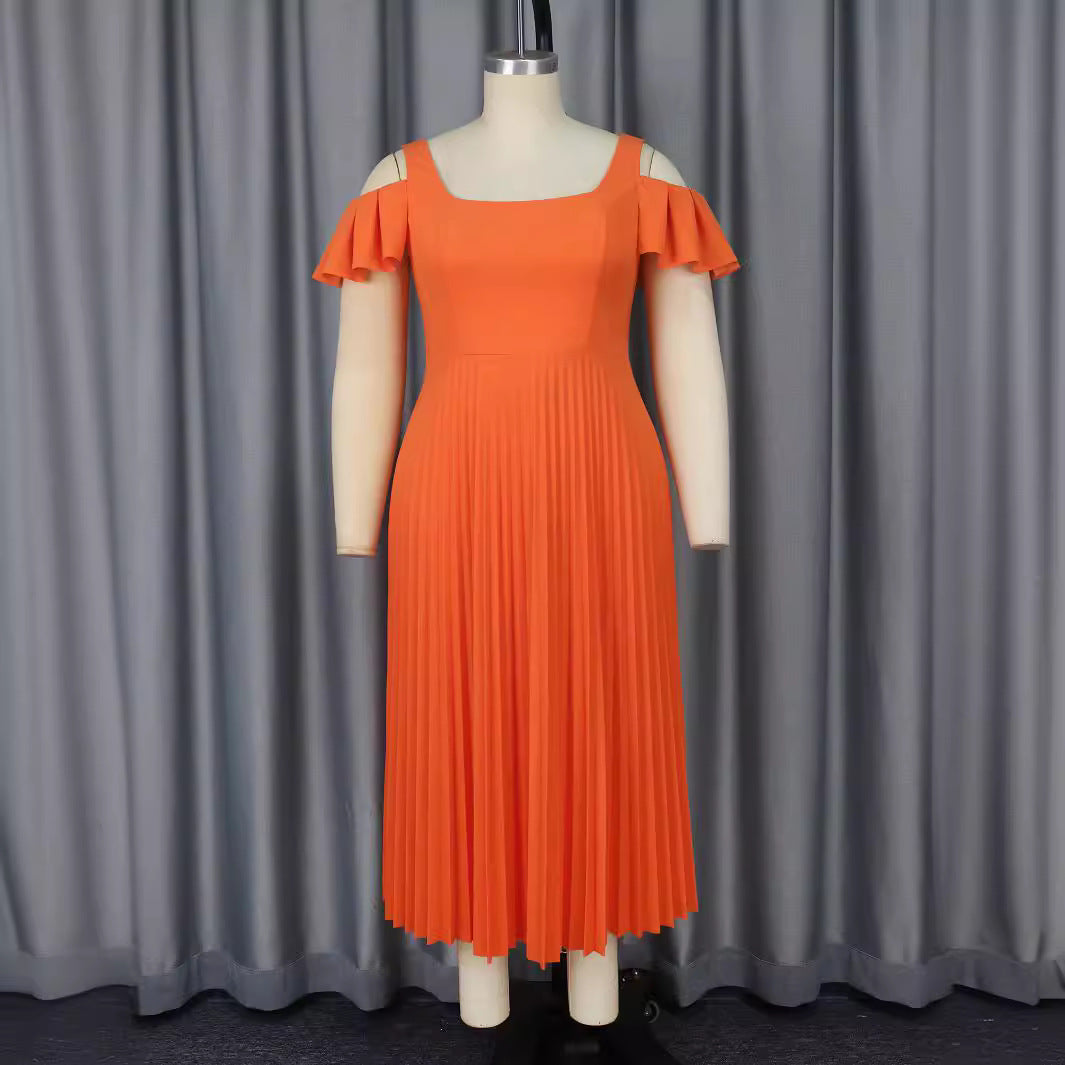 Damen plissiertes Kleid mit schulterfreien Rüschen EB