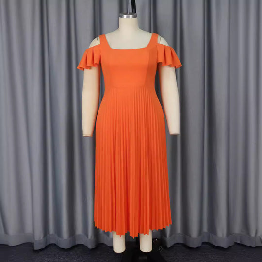 Damen plissiertes Kleid mit schulterfreien Rüschen EB