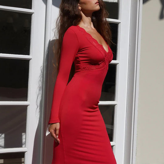 Damen figurbetontes Maxikleid mit Spitzen-Bustier tiefem V-Ausschnitt und taillierter Empire-Naht Eichborn Berlin