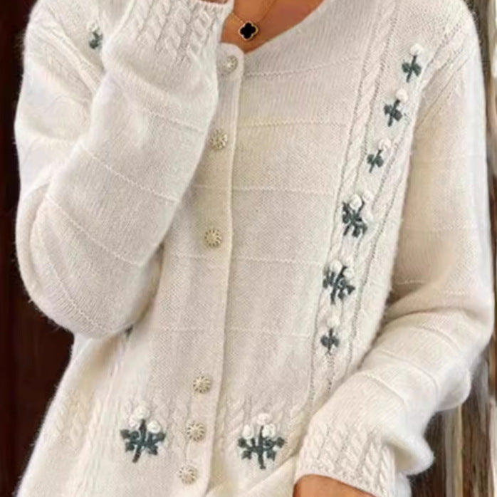 Damen nan Strickcardigan mit floraler Reliefstickerei und Zopfmuster EB